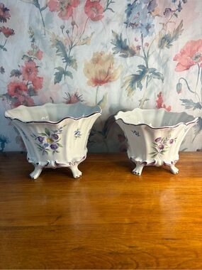 Vintage Porcelain Floral Footed Planters - White with Purple Accents